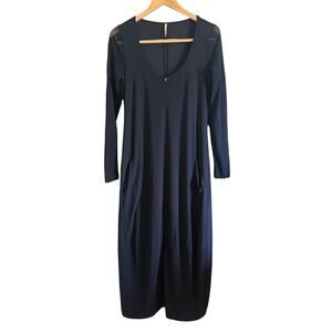 INDIES Navy Blue Mesh Sleeve Technical Jersey Cocoon Dress Maxi Midi Med / Large